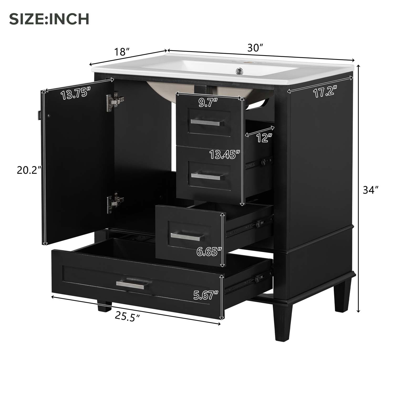 30″ Freestanding Bathroom Vanity Black Green Solid Wood Soft-Close 3 Drawer Sink