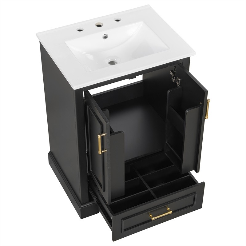 24in Black Bathroom Vanity with Ceramic Sink,Divider Drawer & 2 Soft-close Doors