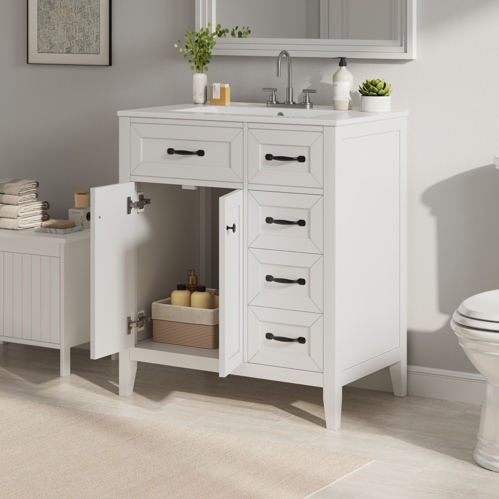 30″ White Bathroom Vanity with Ceramic Sink Freestanding Vanity with Black Metal