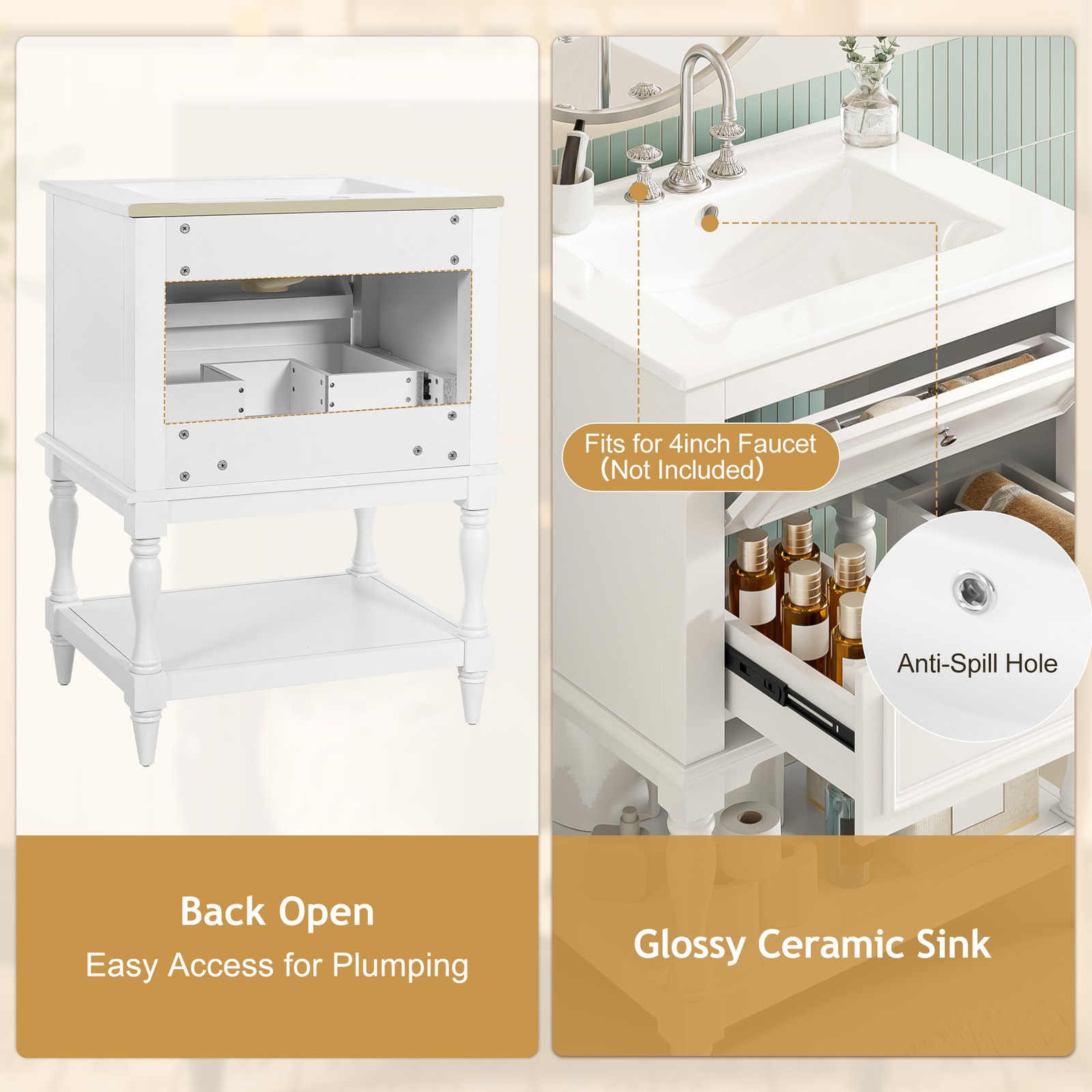 FUNIDEE 24″ Bathroom Vanity with Ceramic Sink Storage Cabinet with 2 Drawers