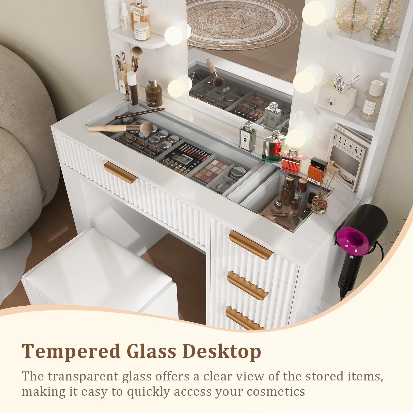 Makeup Vanity Desk Lighted Mirror 5 Drawers Charging Station