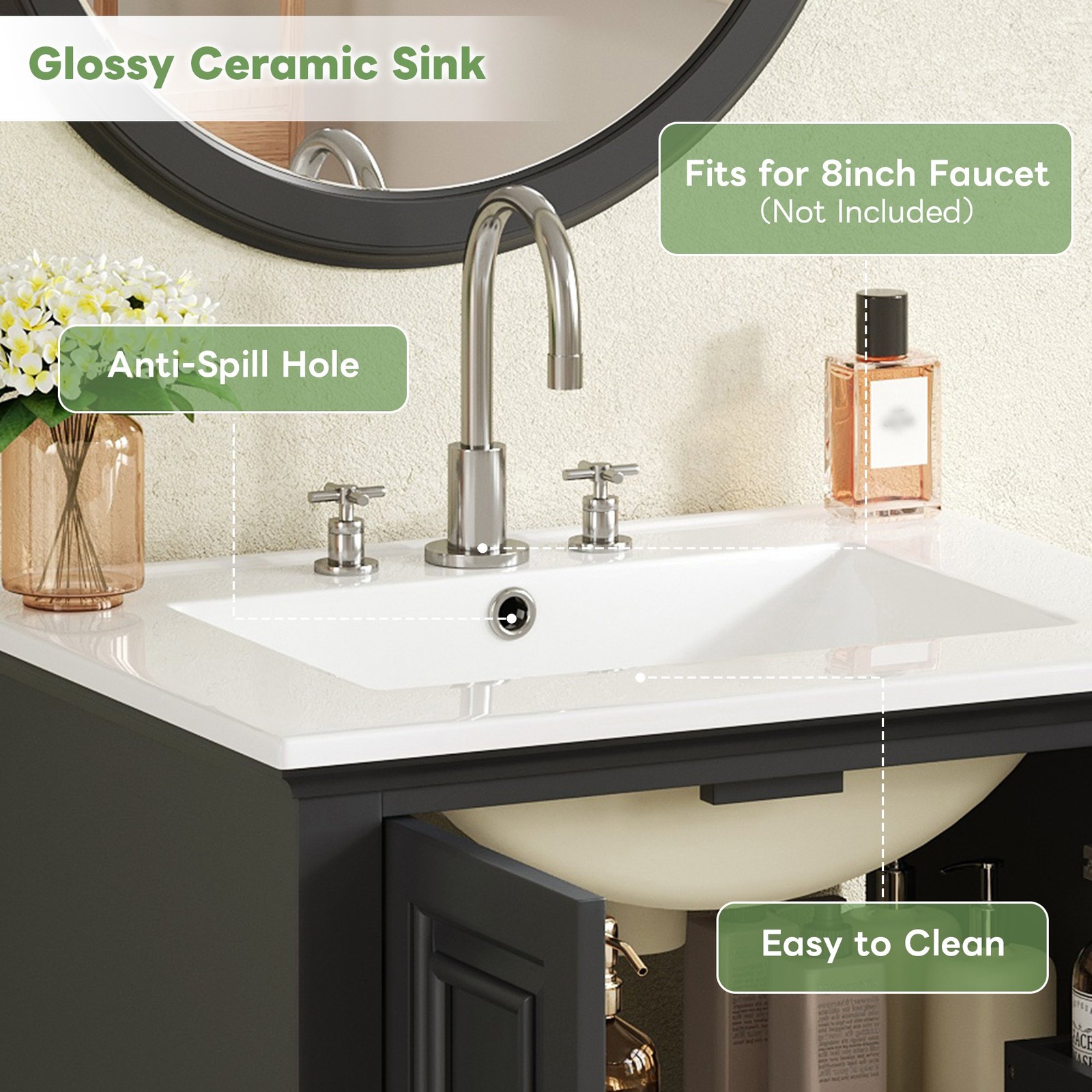 FUNIDEE 24″ Bathroom Vanity Storage Cabinet with Ceramic Sink & Drawer Black