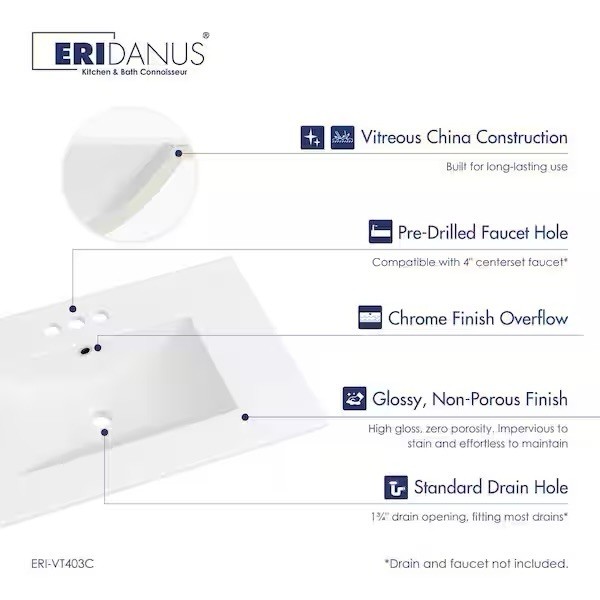 Eridanus Tucson 30in Vitreous China Single Sink Bathroom Vanity Top in White