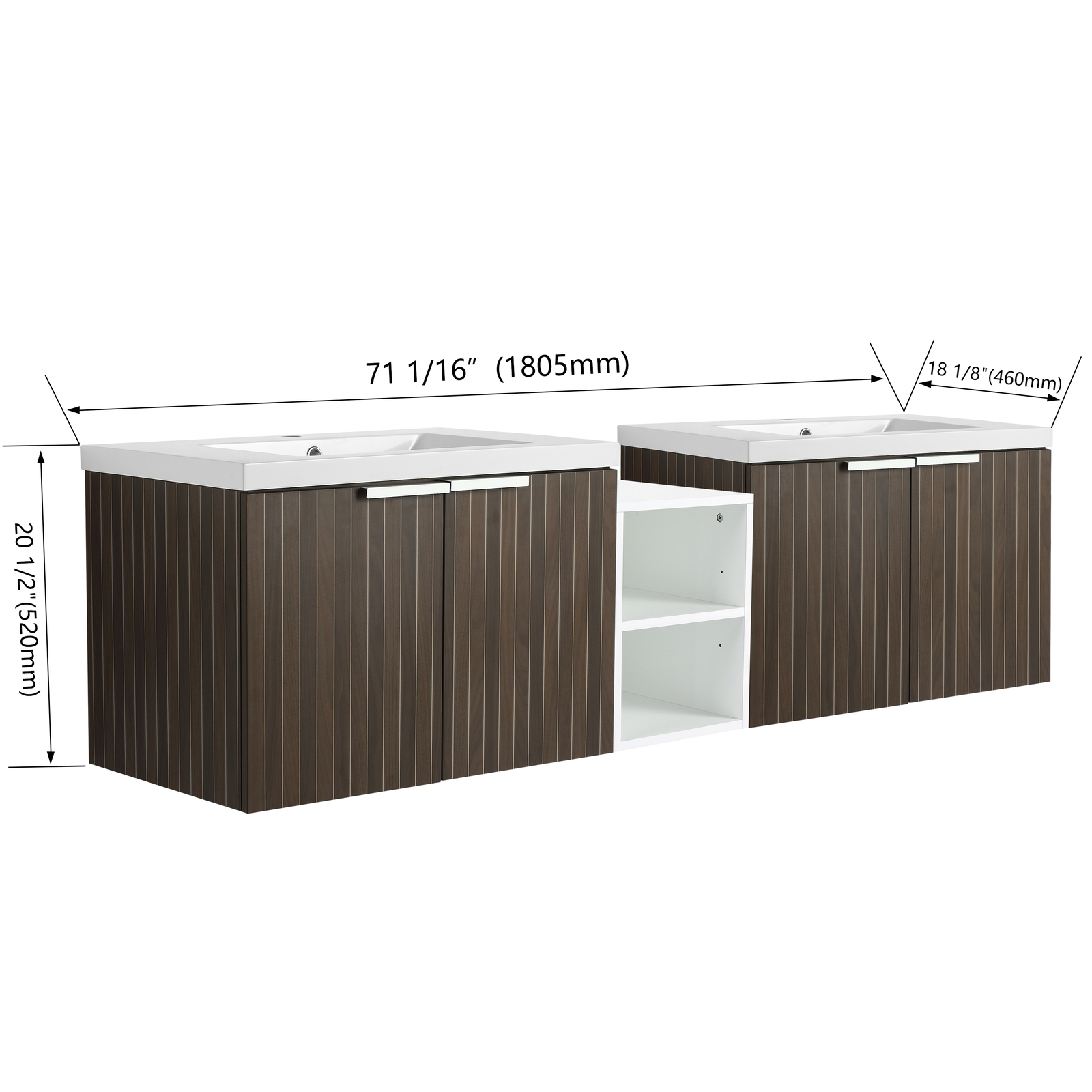 72″ Wooden Floating Bathroom Vanity with Dual Sink Basin Doors /Storage Shelves