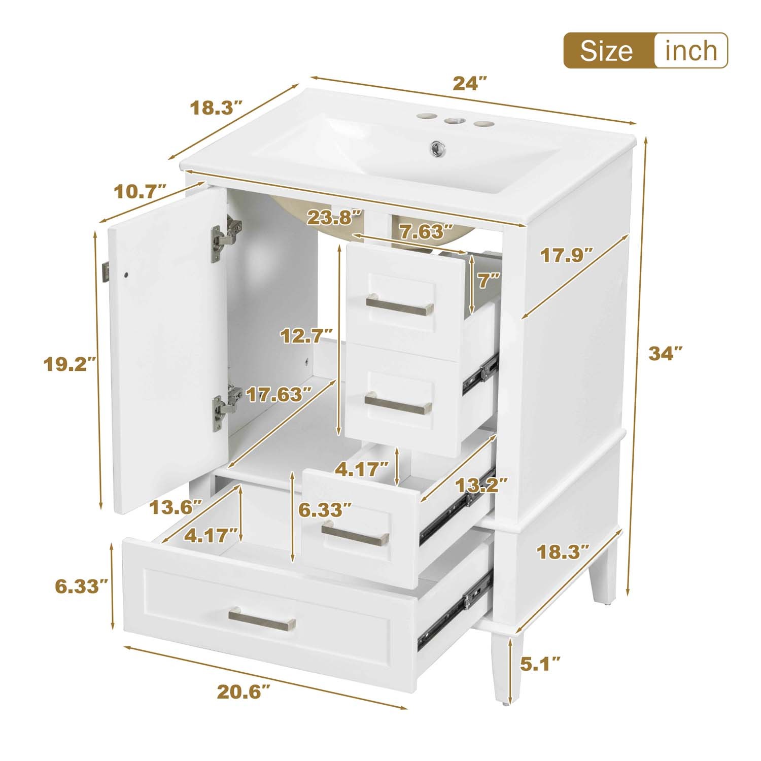 25″ Bathroom Vanity & Sink Freestanding Modern Cabinet Soft-Close Door 3 Drawers