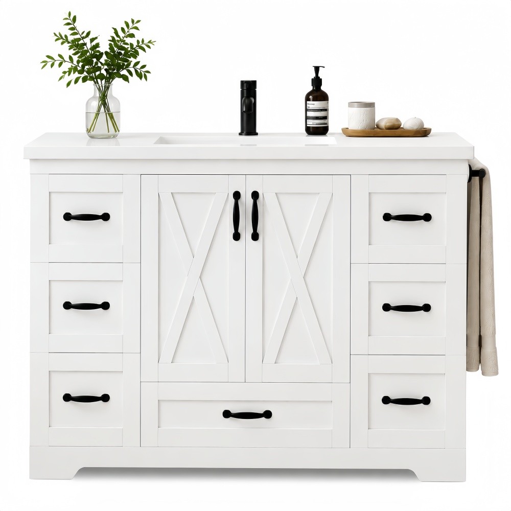 48in Bathroom Vanity W/Sink Ceramic Top Backsplash 6 Drawers Towel Bar Storage