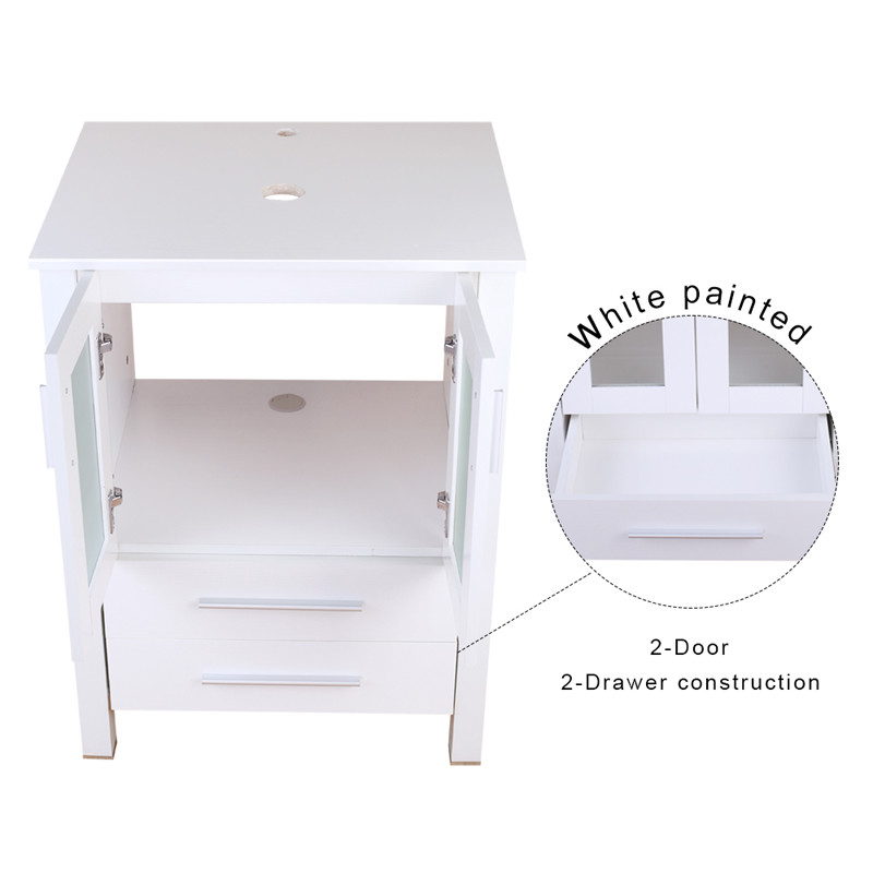 24″ White Bathroom Vanity Cabinet Single Wood & Ceramic Vessel Sink Top Modern