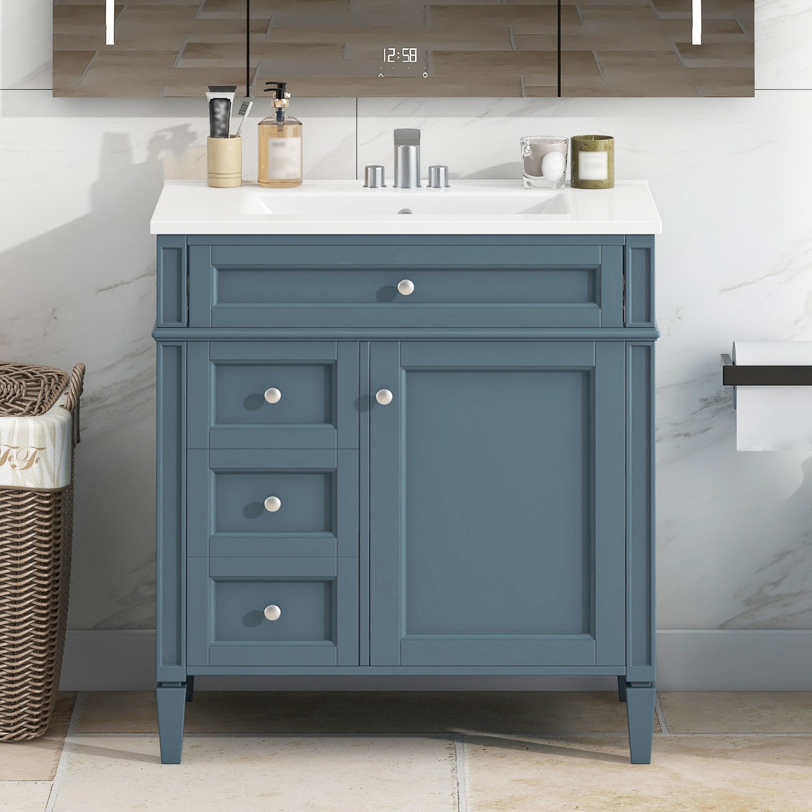 30″ Bathroom Vanity with Top Sink, 2 Drawers & Tip-Out Drawer
