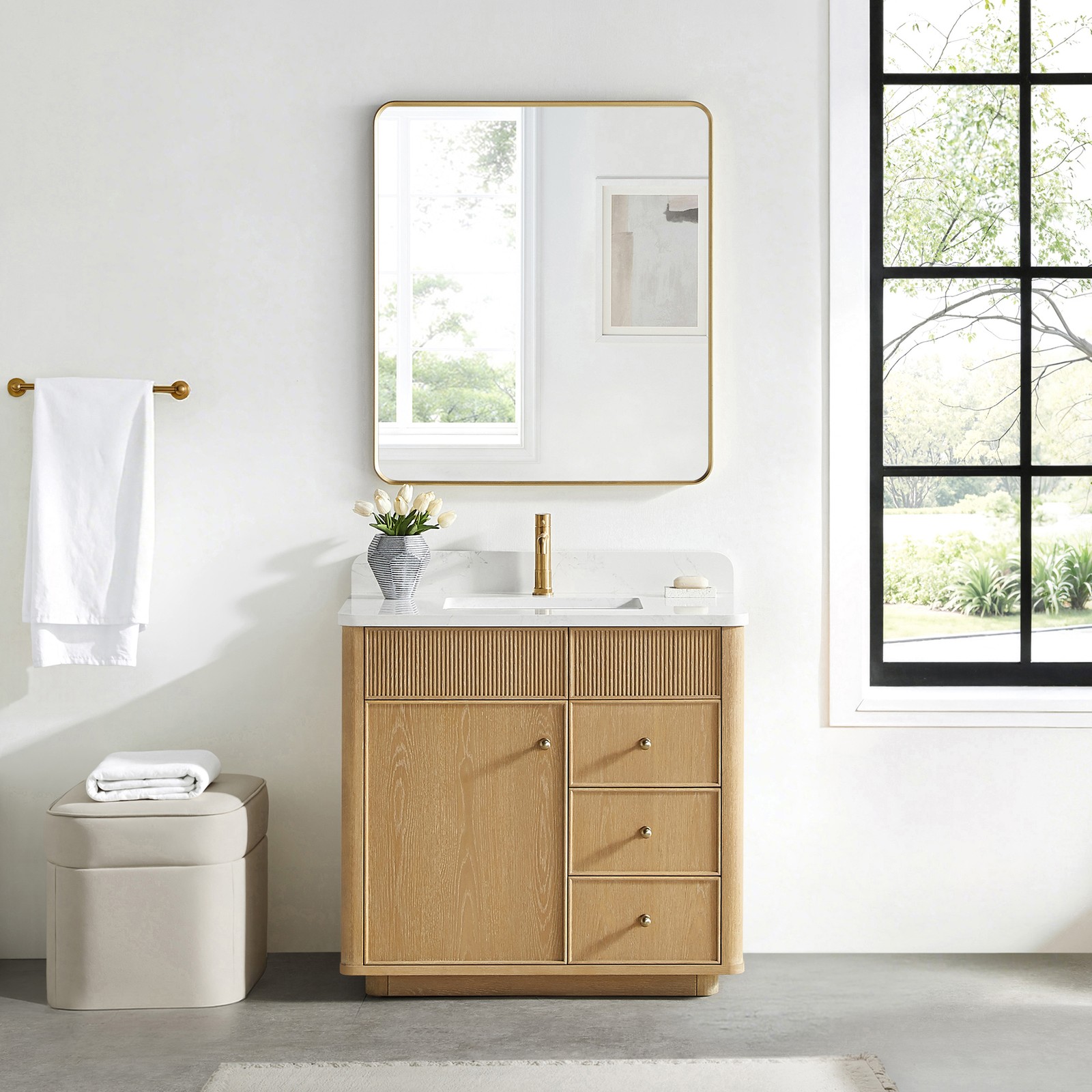Zogno 36″ Solid Wood Single Bath Vanity in Washed Ash Gray with White Stone Top