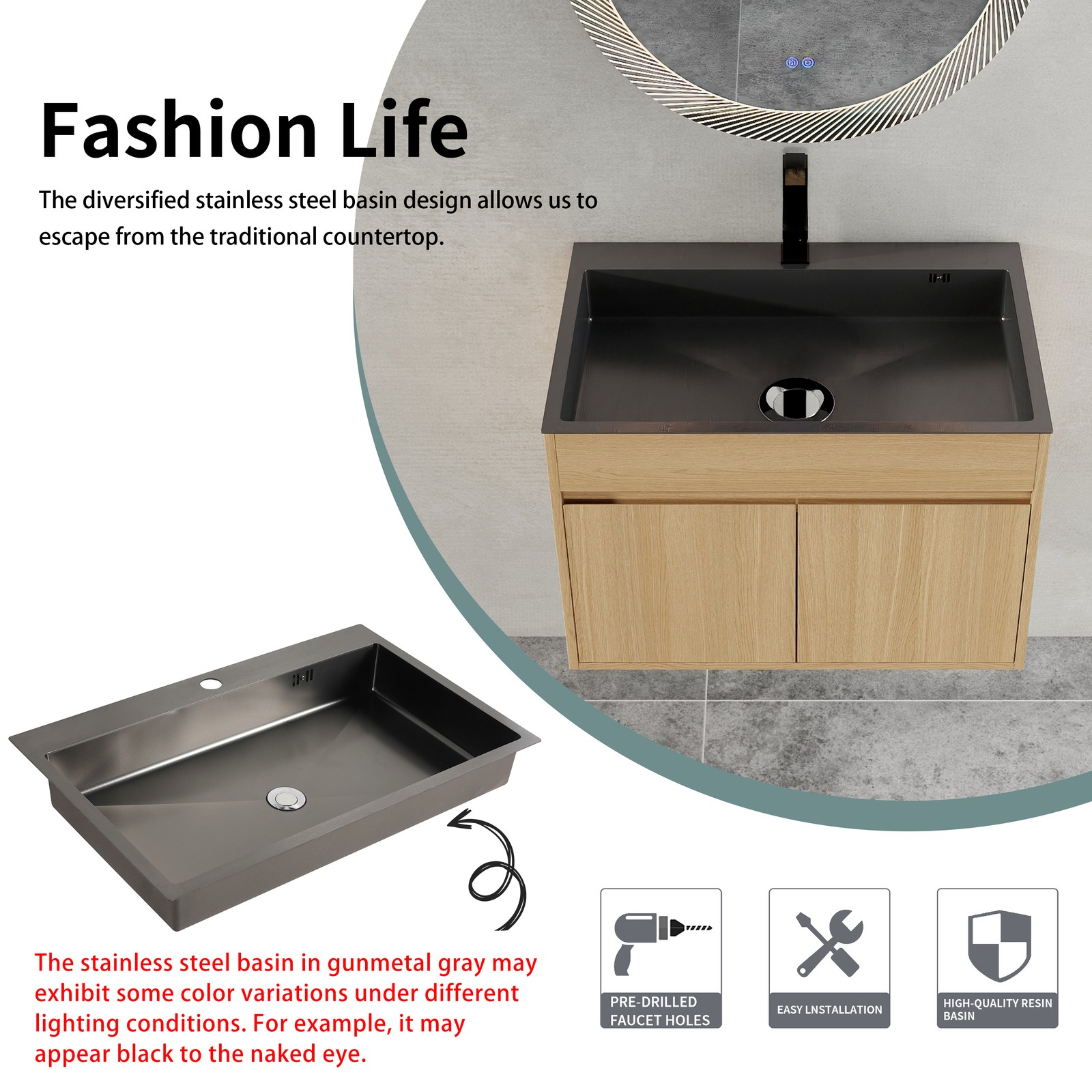 28″ Wall Mounted Bathroom Vanity/ Laundry Utility Cabinet Stainless Steel Sink