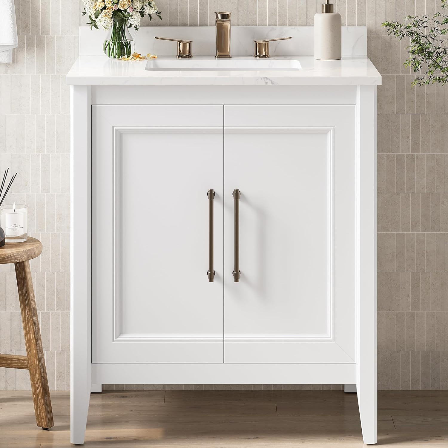 30″ Modern Bathroom Vanity with Sink, Soft-Close Doors & Engineered Stone Top
