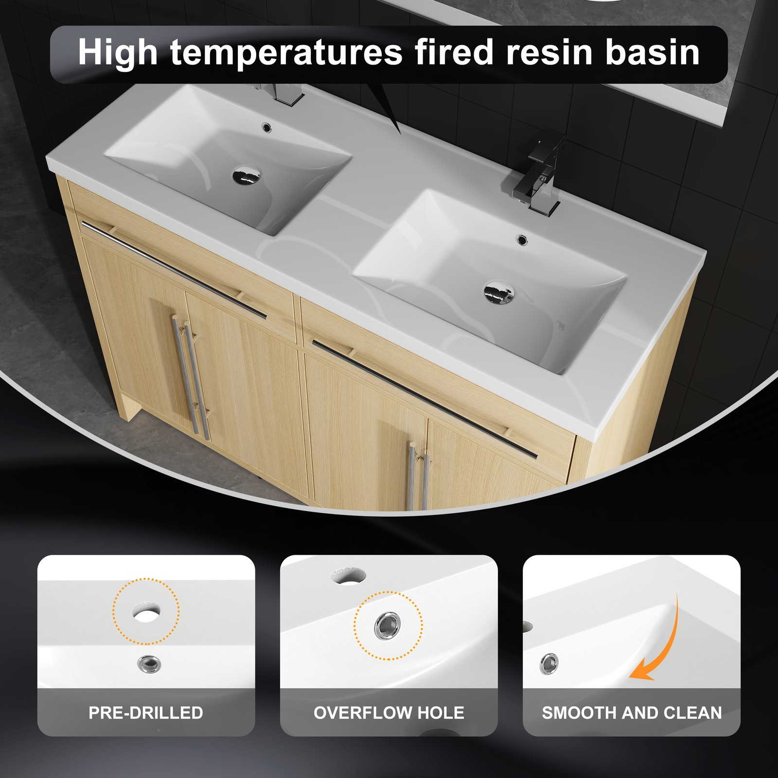 48 inch Plywood Bathroom Vanity Freestanding Double Resin Sink Storage W/2 Doors