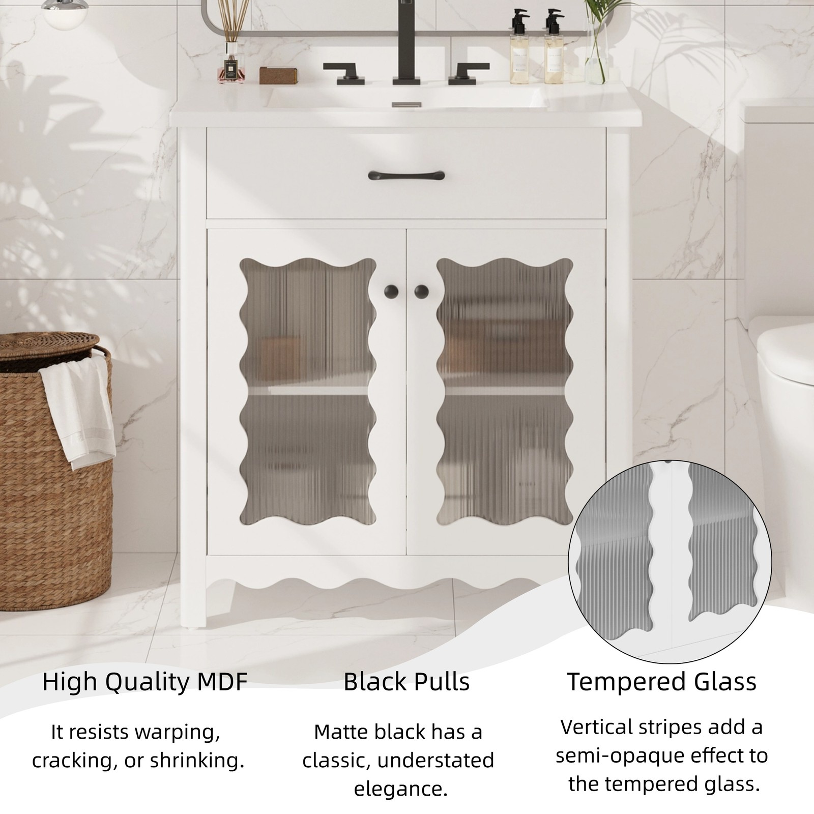 31″ Bathroom Vanity w/Tempered Glass,Modern Bathroom Cabinet w/Soft close Doors