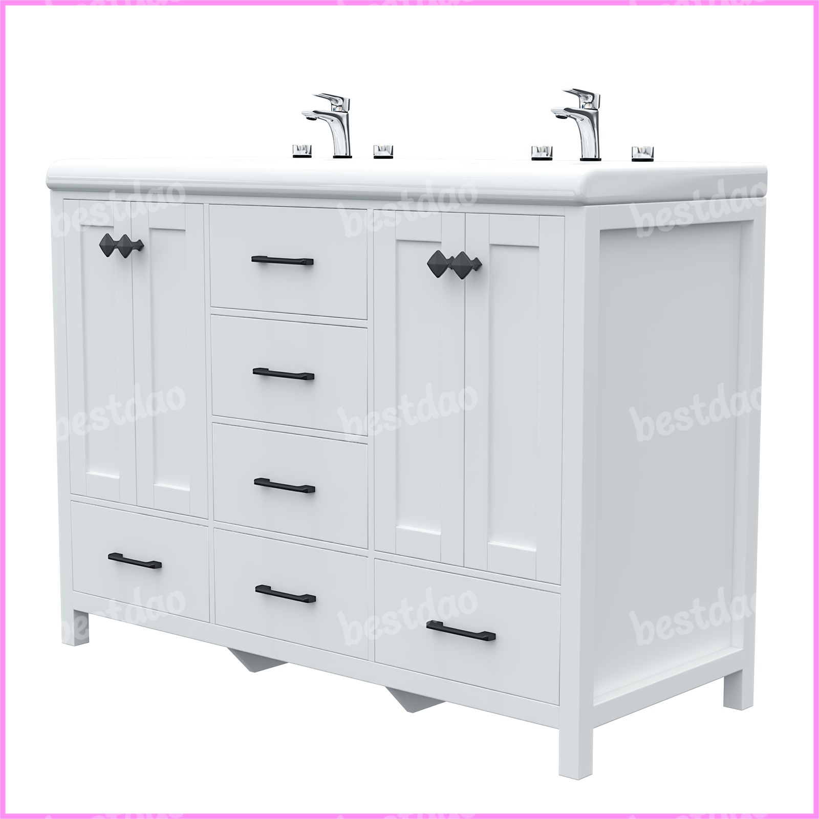 White 47″ Bathroom Vanity Storage Cabinet with Double Ceramic Sink Freestanding