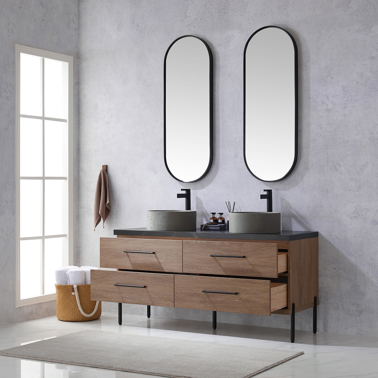 Miseno MV-705160R Trento 60″ – North American Oak / Black