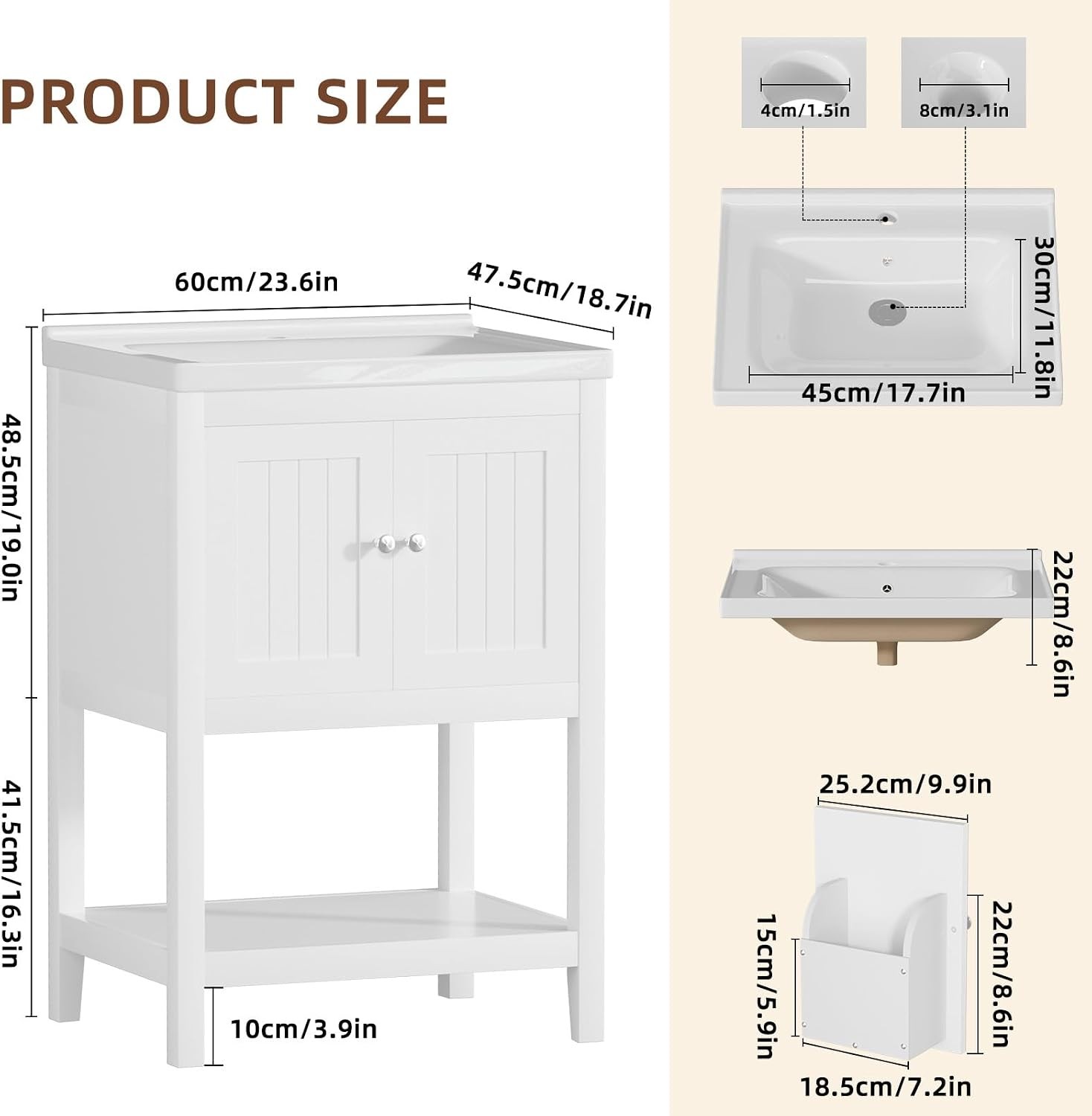 24 Inch Bathroom Vanity with Sink, Bathroom Sink Cabinet with 2 Doors and 1 Open