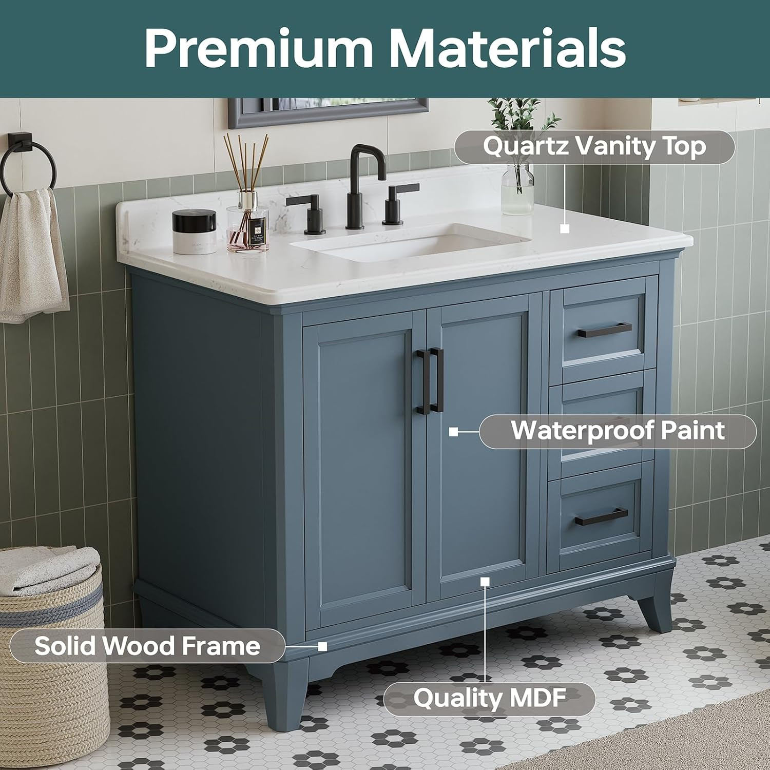 42″ Steel Blue Bathroom Vanity with Sink, Soft Close Doors & Quartz Top