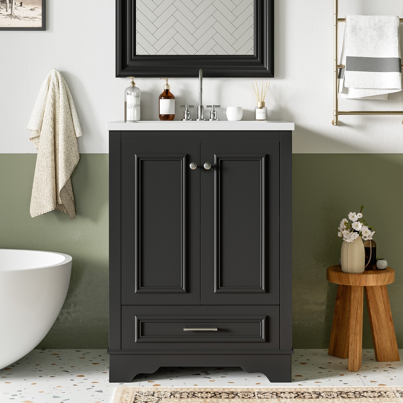 24″ Bathroom Vanity With Ceramic Sink Storage Cabinet Drawer Soft-Closing Doors