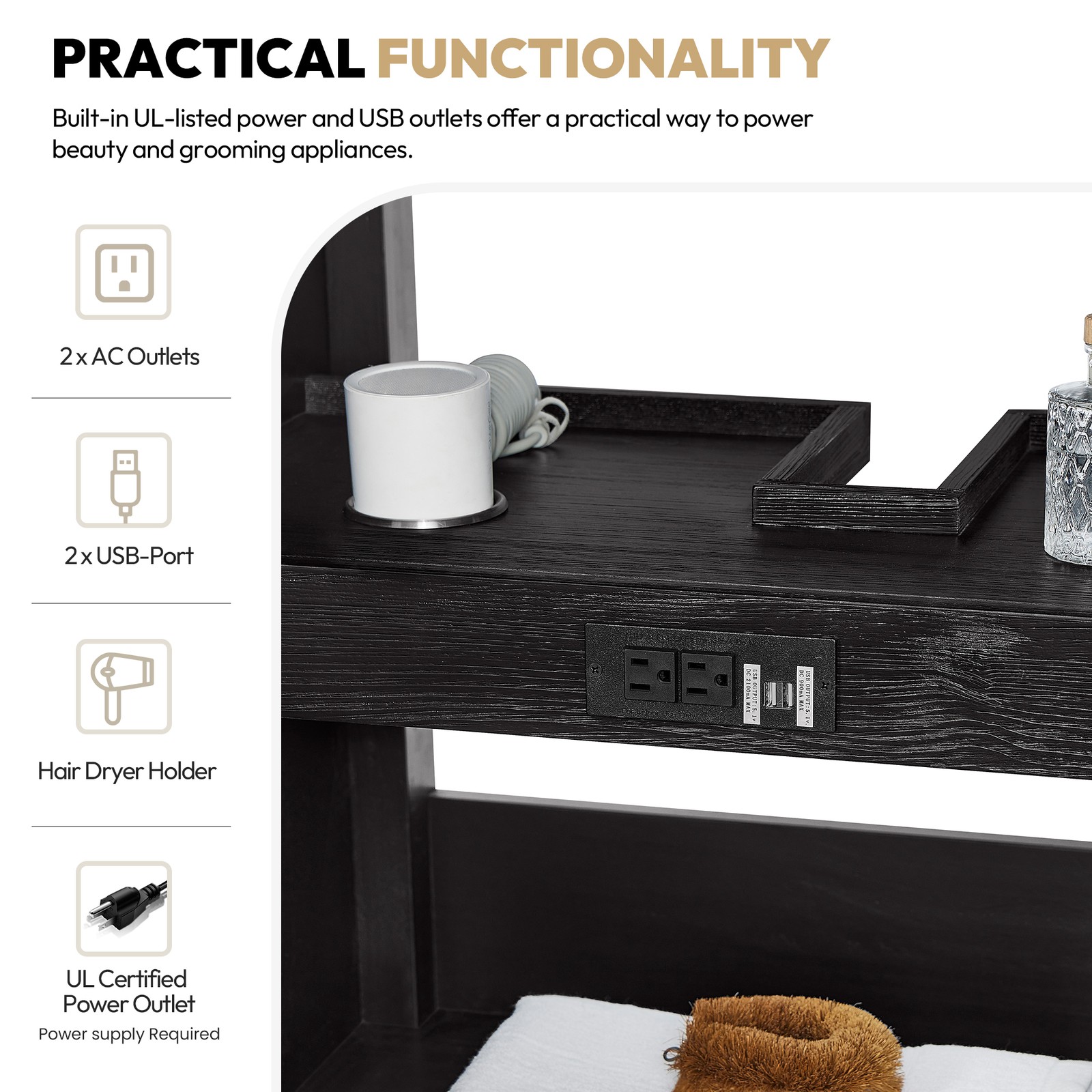 Cadiz 60″ Single Bathroom Vanity in Fir Wood Black with Composite Stone Top