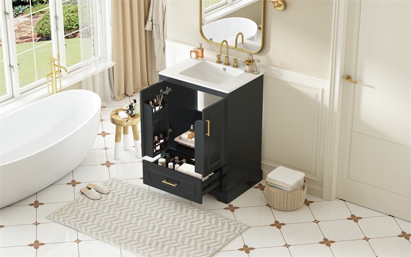 24in Black Bathroom Vanity with Ceramic Sink,Divider Drawer & 2 Soft-close Doors