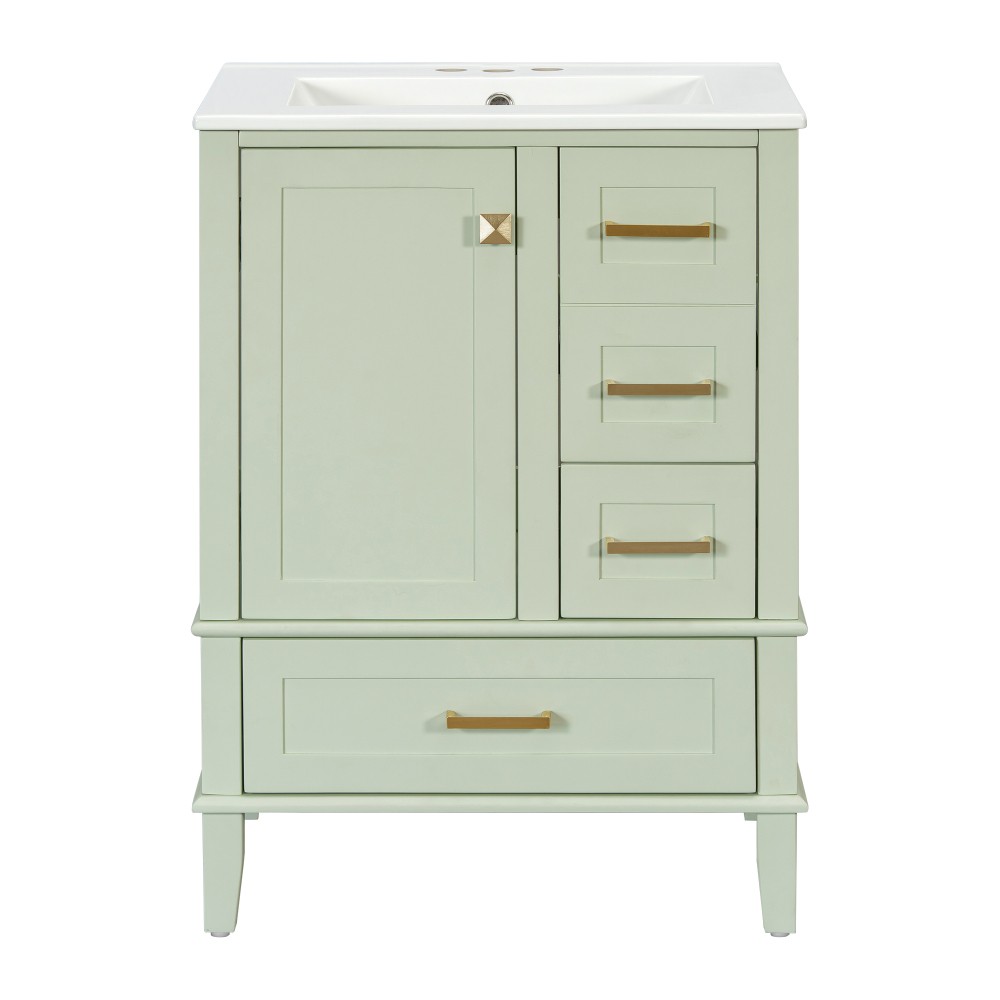 24.8″ Solid Wood MDF Bath Vanity Ceramic Sink Soft Close Door 3 Drawers Storage