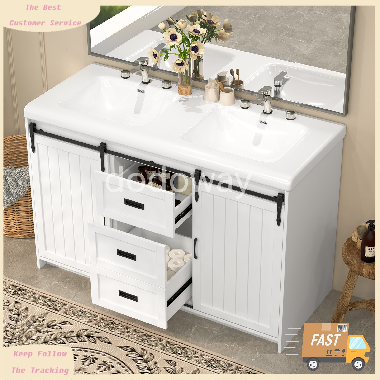 47″ Large Bathroom 2 Vanity Ceramic Sink Set Cabinet with Drawers & Cabinets