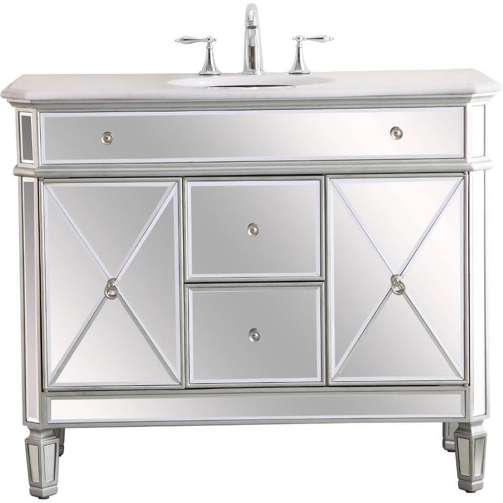 Elegant Decor Camille 42″ Single Marble Top Mirrored Bathroom Vanity in Silver