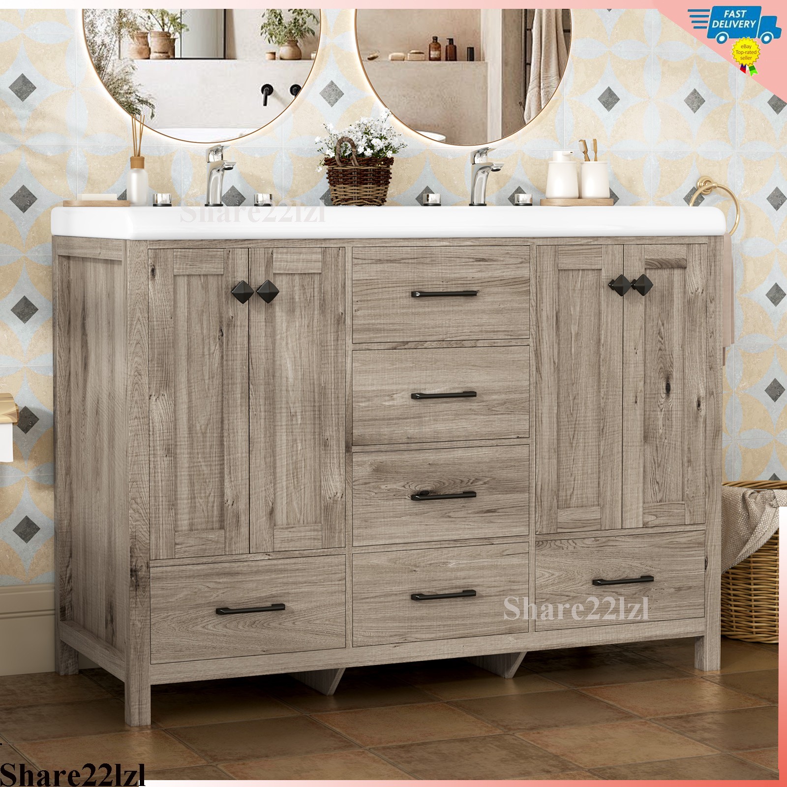 47″ Bathroom Vanity with Double Sink Combo Storage Cabinet w/ Doors and Drawers