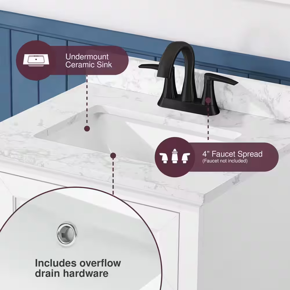 Doveton 24 In. Single Sink Freestanding White Bath Vanity with White Engineered