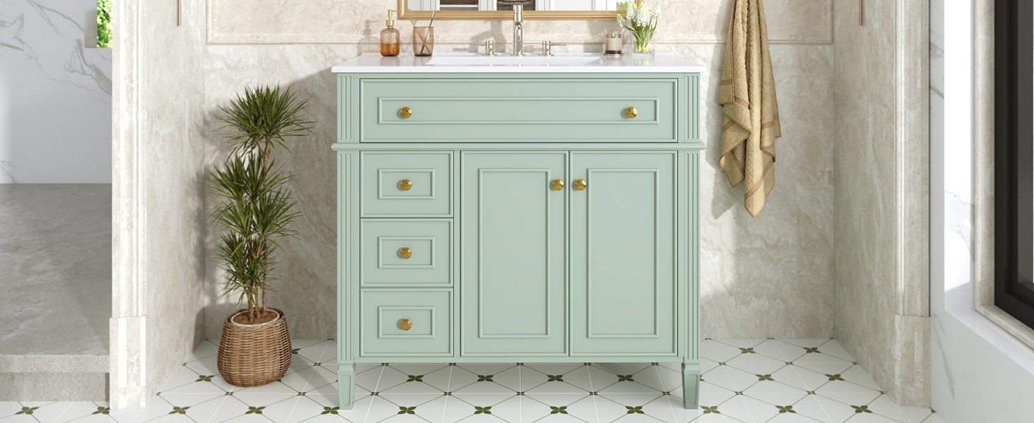 36 Inch Bathroom Vanity with Sink, Green Solid Wood Cabinet, Gold Handles