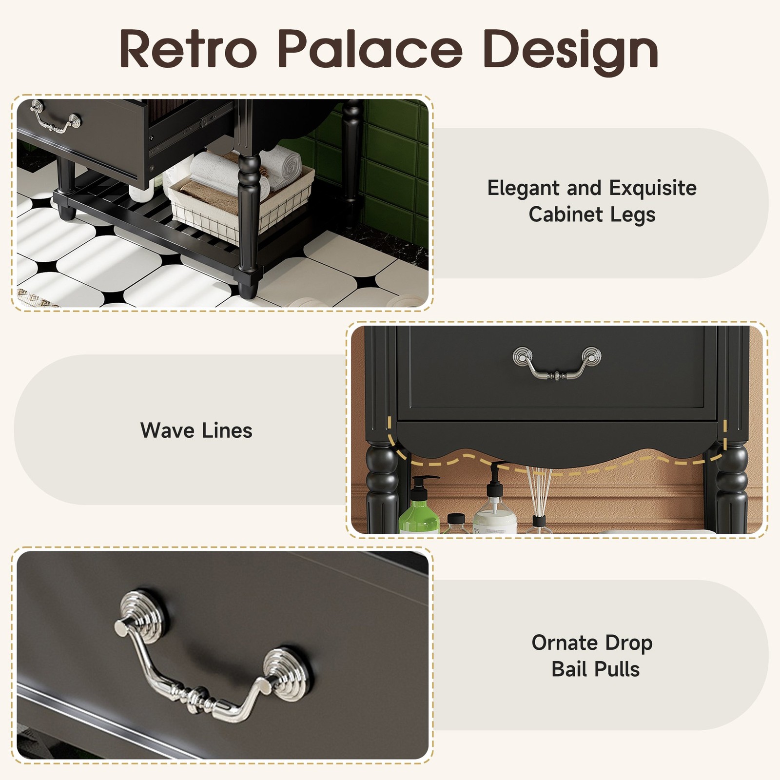 FUNIDEE 24″ Vintage Bathroom Vanity Storage Cabinet with Ceramic Sink Black