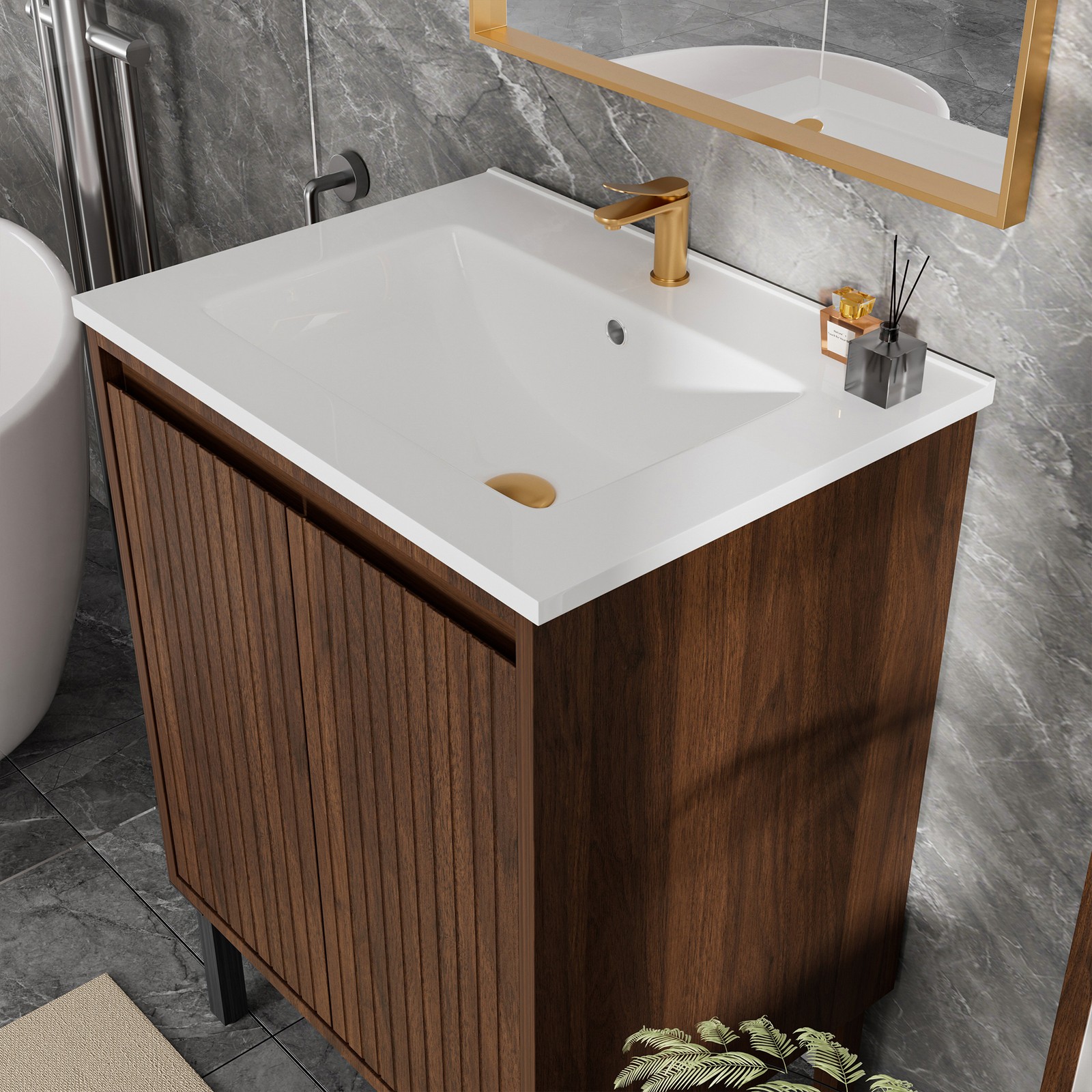 24″ Bathroom Vanity with White Sink Oak Finish Floor Standing