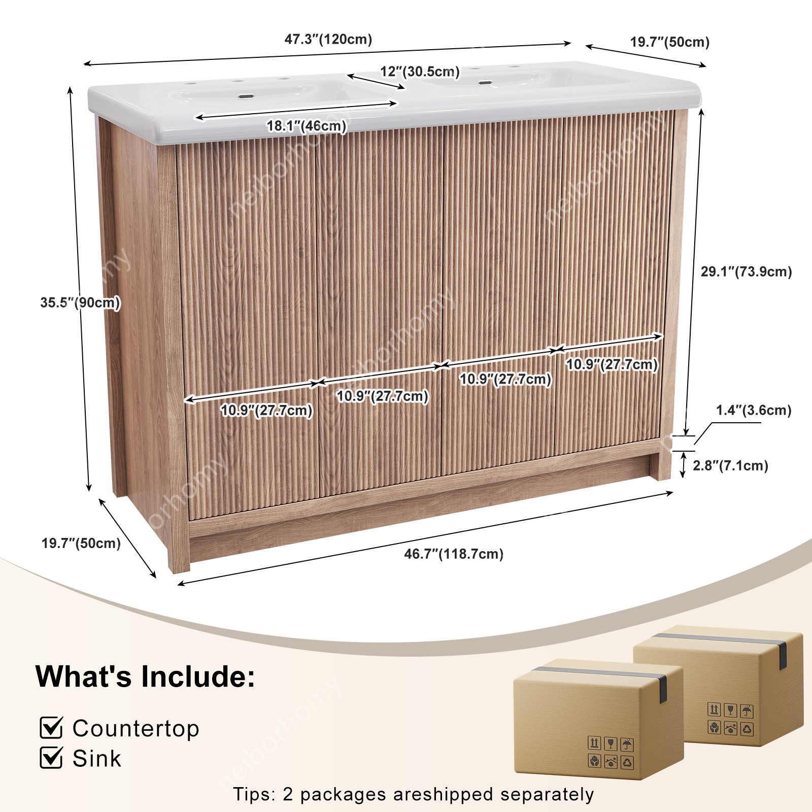 47.3 inch Double Sink Bathroom Vanity Wood Grain Modern 2 Basin Storage Cabinet