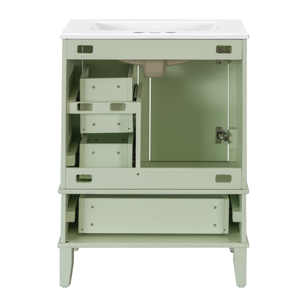 24.8″ Solid Wood MDF Bath Vanity Ceramic Sink Soft Close Door 3 Drawers Storage