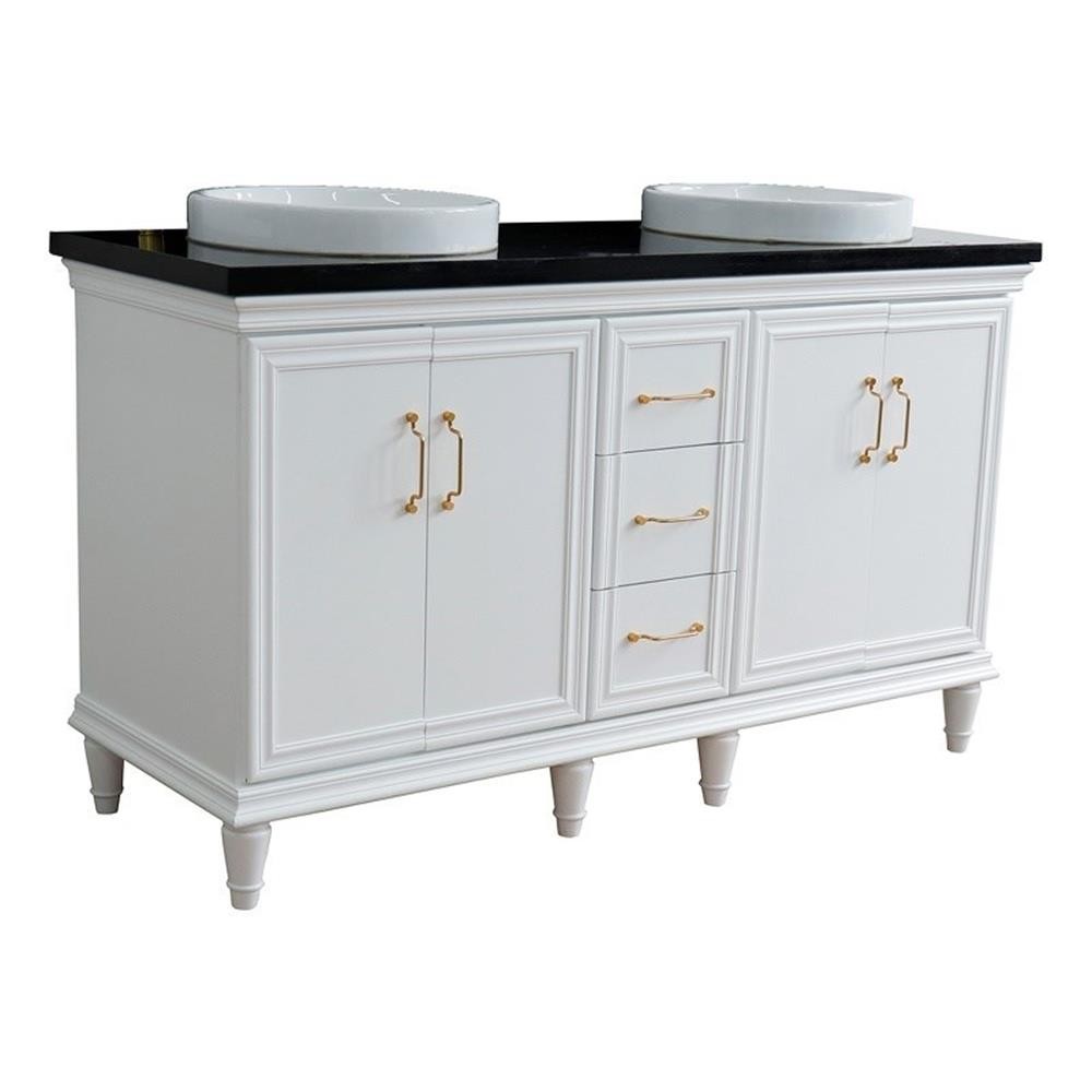 61 in. Double Wooden Vanity White Black Galaxy Granite Round Sink