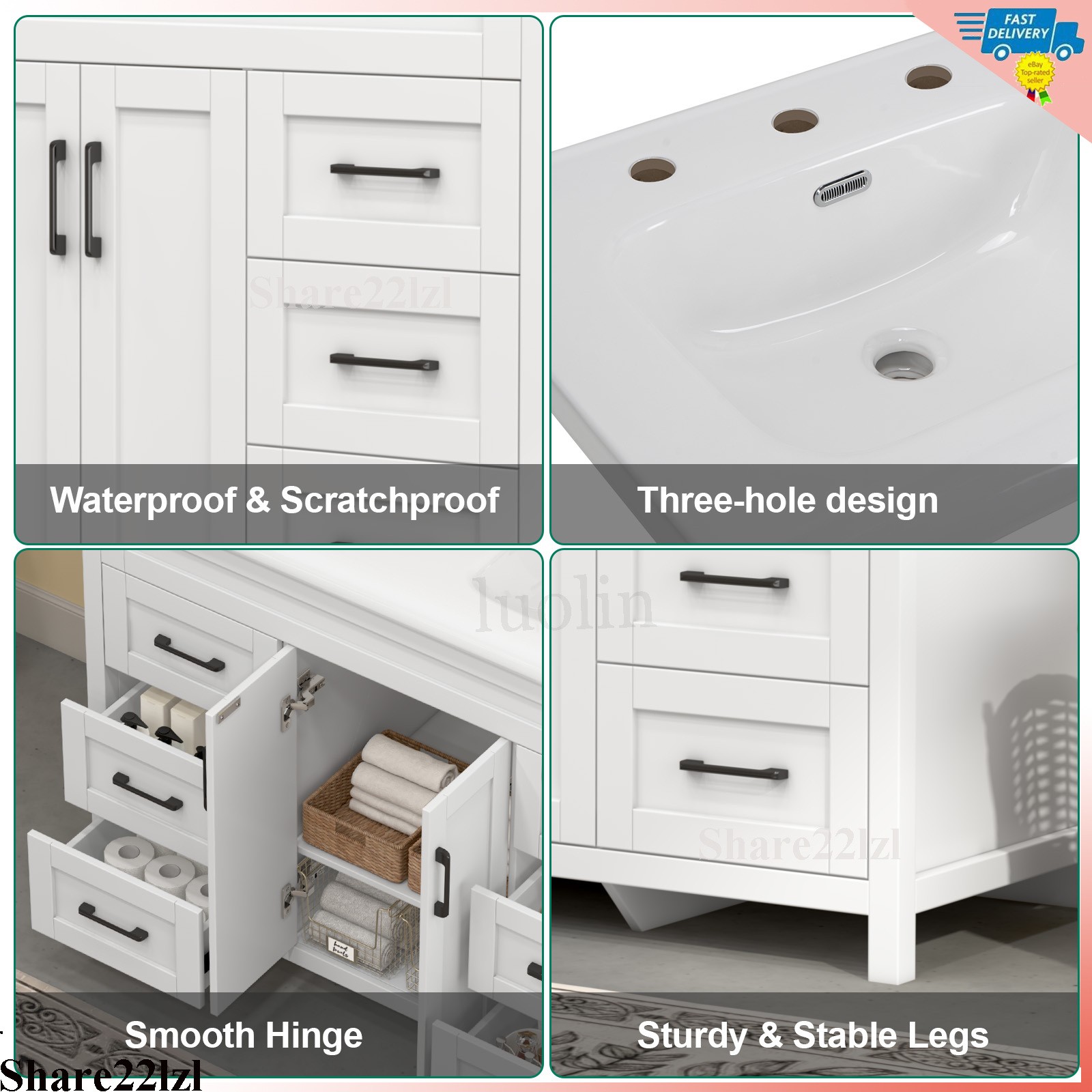 47″ Bathroom Vanity Set with Double Ceramic Sinks Artificial Marble Countertop