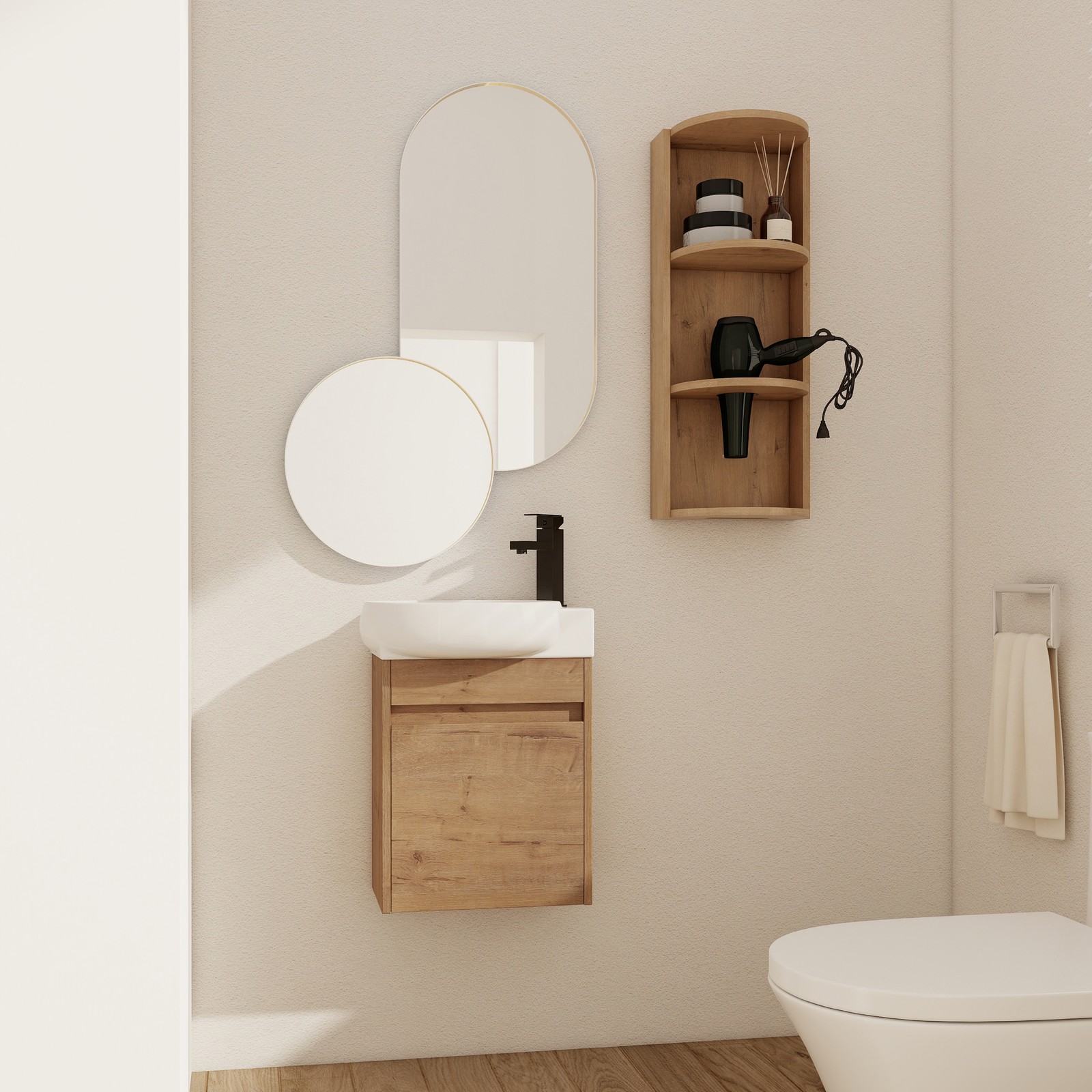16Inch Wall Mounted Bathroom Vanity With Ceramic Sink Basin W/ Storage Rack Oak