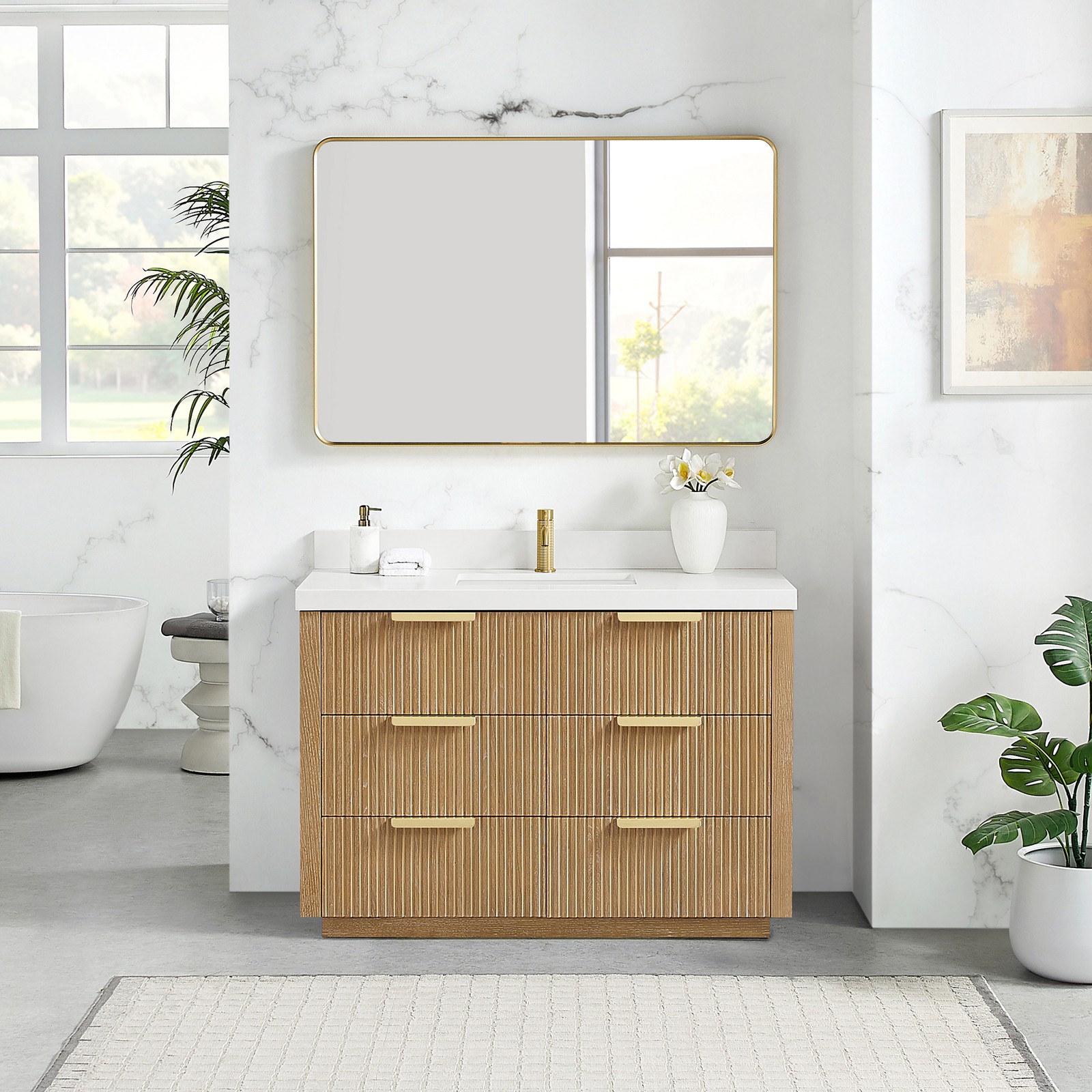 Santarem 48″ Single Bath Vanity in Washed Ash Grey with White Quartz Stone Top