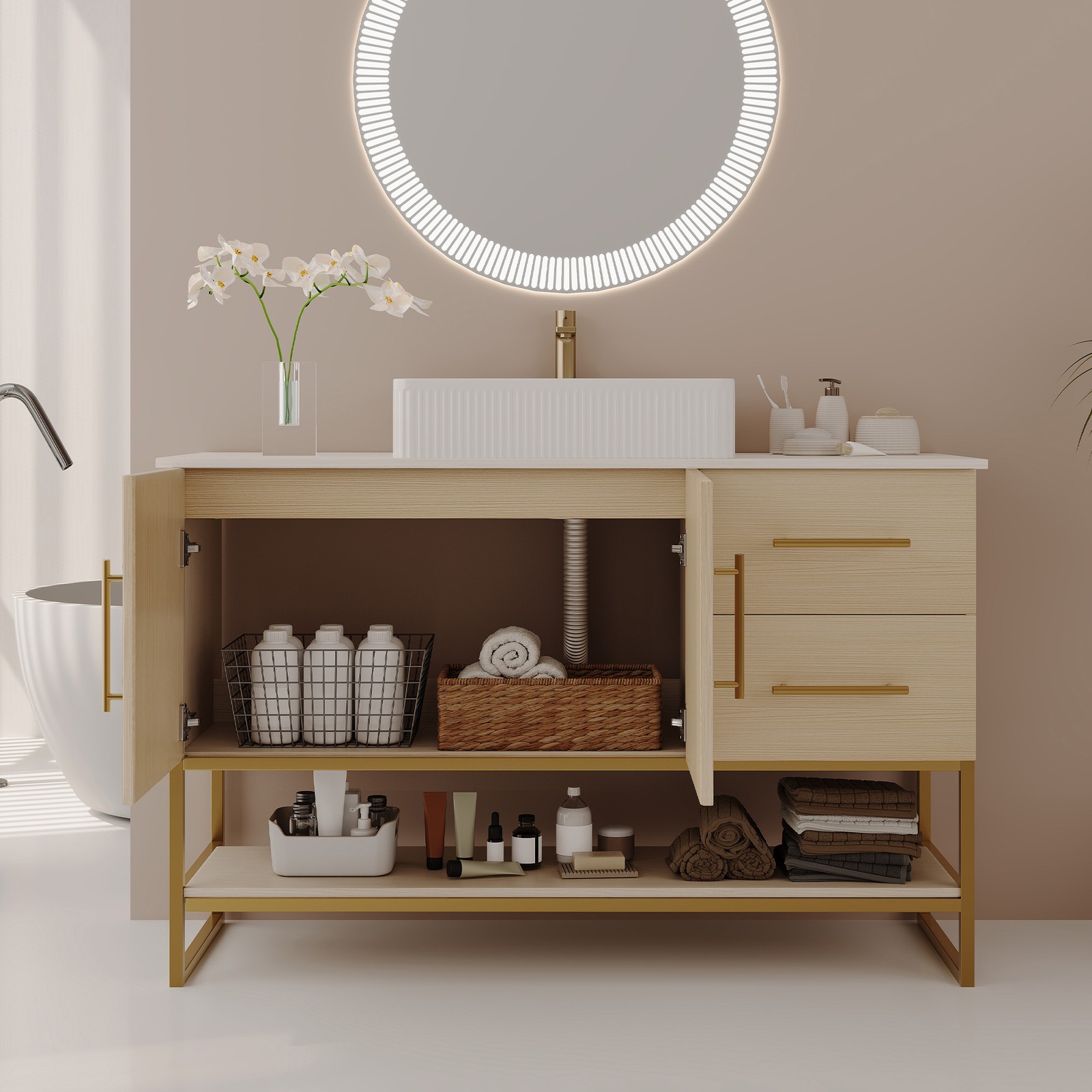 47.2″ Bathroom Vanity with Ceramic Sink, Gold Accent, White Oak