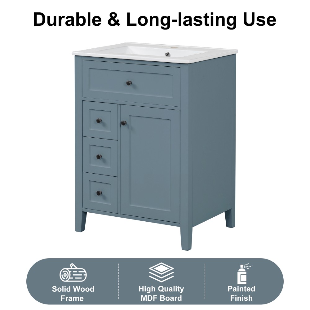 24 Inch Blue Gray Bathroom Vanity with Sink Solid Wood MDF Cabinet