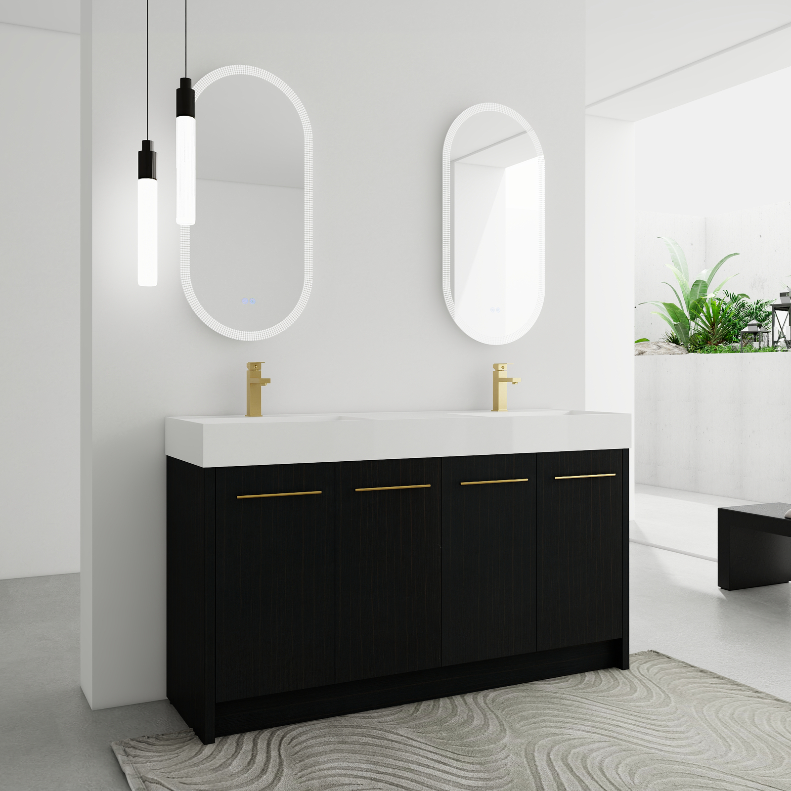 60 in Wood Freestanding Bathroom Vanity W/ Resin Double Sink Door Cabinet Black
