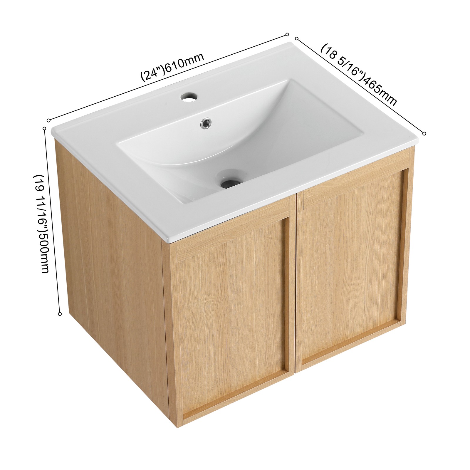 24″ Floating Bathroom Vanity with Sink, Light Oak Wall-Mounted Cabinet
