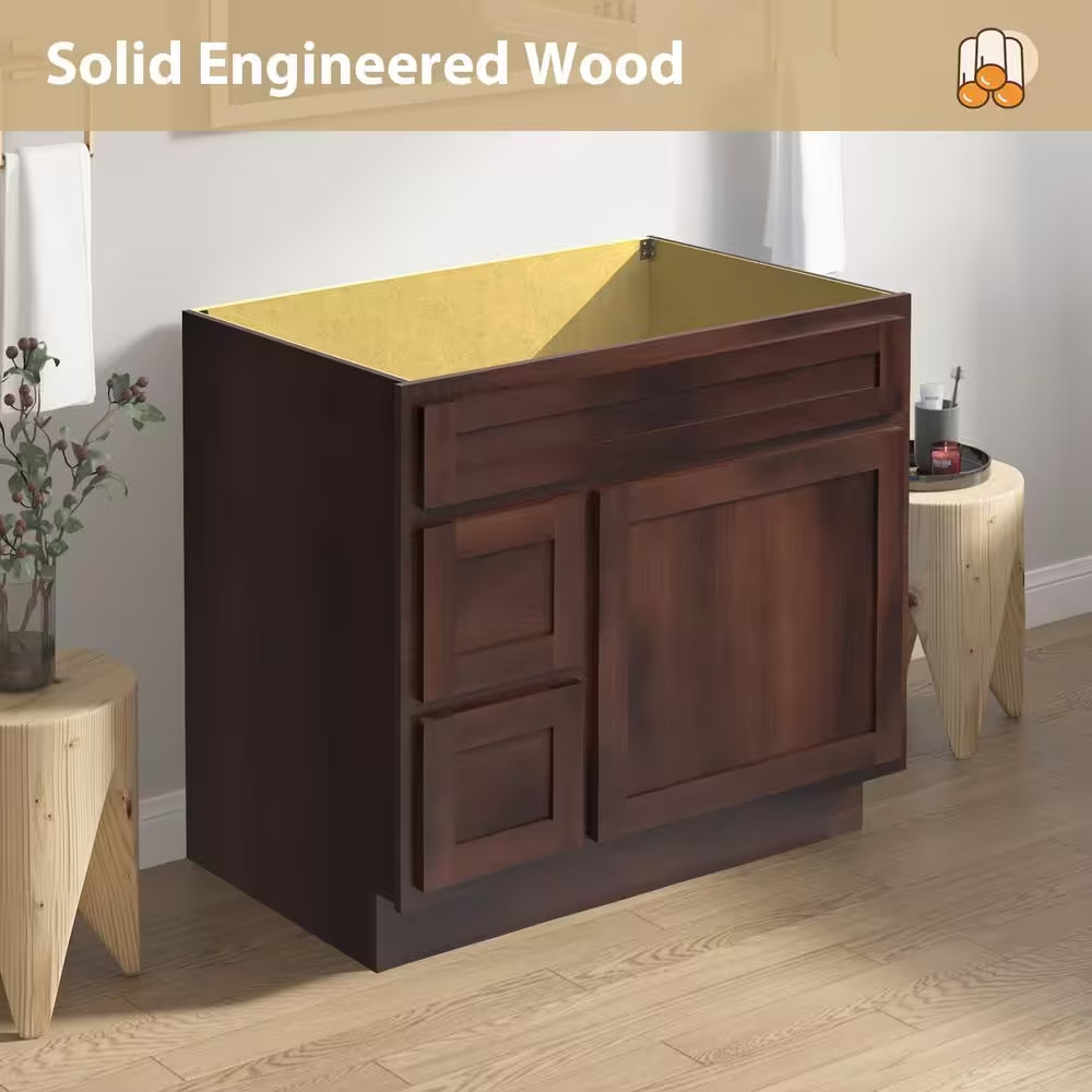 36 In. W X 21 In. D X 32.5 In. H 2-Left Drawers Bath Vanity Cabinet Only in Brow