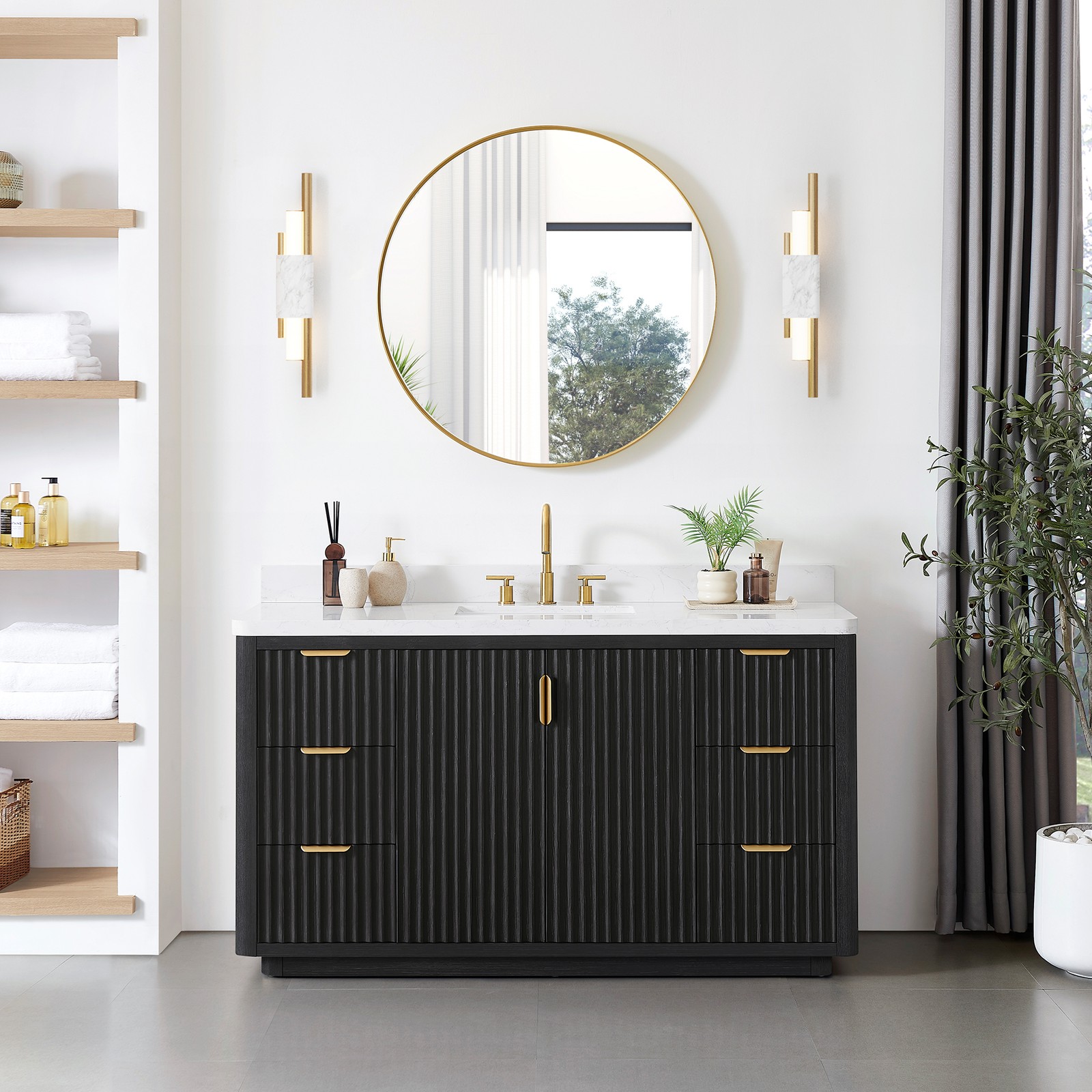 Cadiz 60″ Single Bathroom Vanity in Fir Wood Black with Composite Stone Top