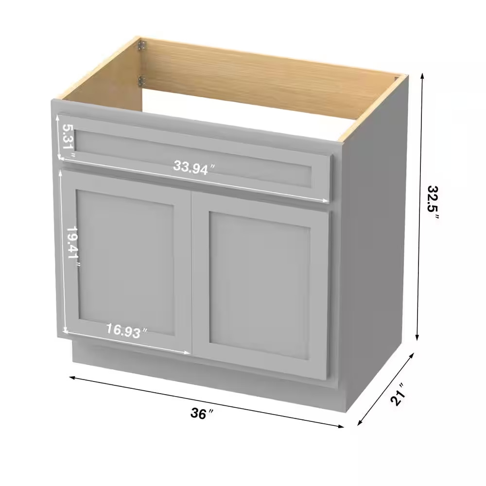 36 In. W X 21 In. D X 32.5 In. H 2-Doors Bath Vanity Cabinet Only in Gray (Unass