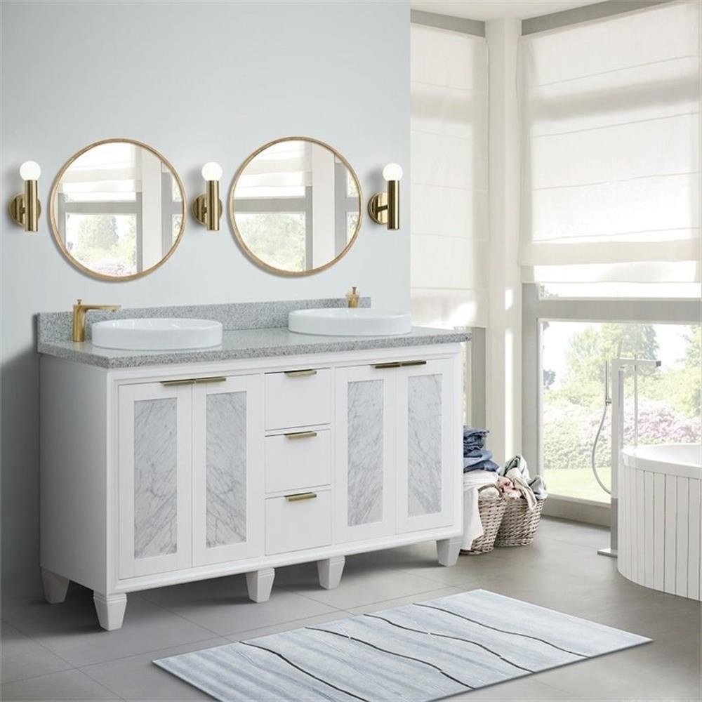 Pemberly Row 61″ Double Round Sink Solid Wood Vanity in White/Gray Granite Stone