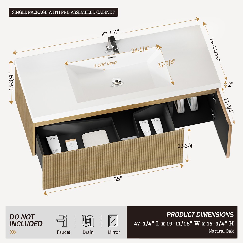 48″ Wall Mounted Bathroom Vanity w/Sink, Floating Vanity Cabinet, Drawer, Door