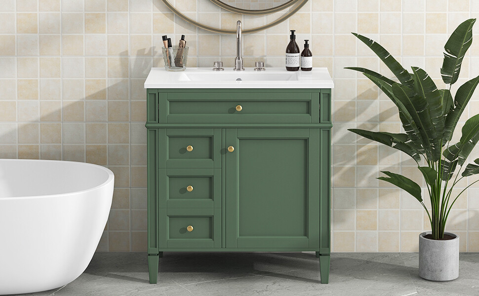 30” Bathroom Vanity with Top Ceramic Sink Modern Storage Cabinet with 2 Drawers