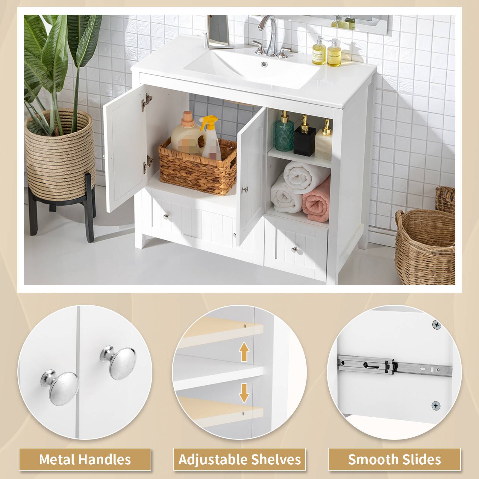 36 inch Bathroom Vanity without Sink Wood Storage Cabinet w/ 2 Doors & 2 Drawers