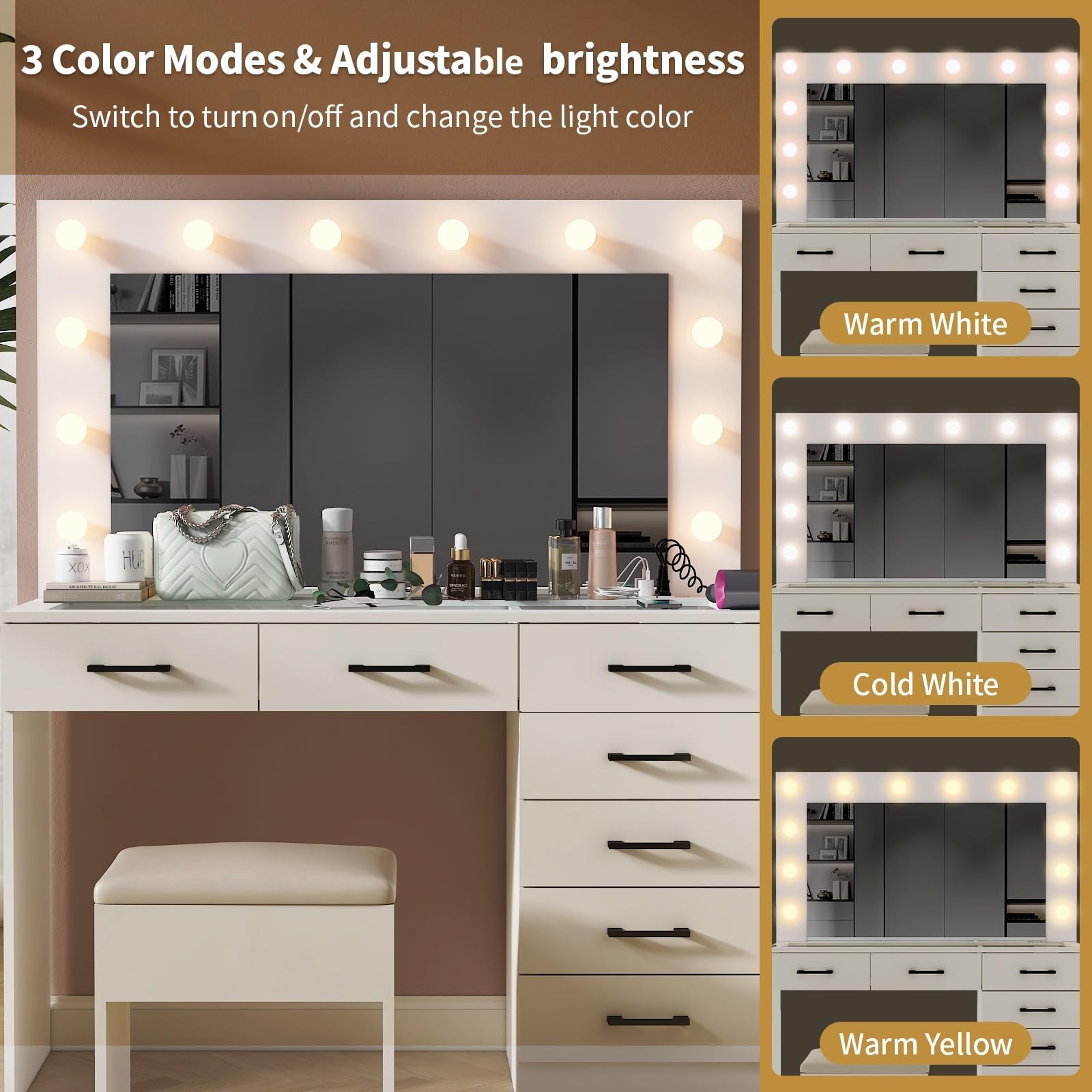 Makeup Vanity Desk Mirror Lighted Charging 7 Drawers Stool 3 Colors